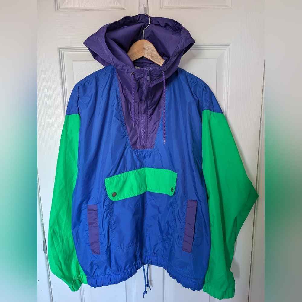 Vintage Badge Windbreaker, Neon Green, Blue, & Purple Hooded Half- Zip, Size L